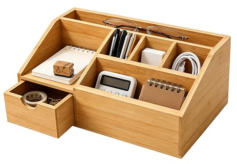 RMNKTHC Organizador de Escritorio de Madera con Cajón – Portalápices, Estante para Home-Office, Diseño Trapezoidal, Caja Organizadora de Mesa para Bolígrafos y Notas, Color Madera Natural, Bambú