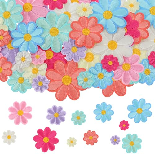 Gänseblümchen Patches zum Aufbügeln, 32 Blumen Bügelbilder für Textilien | Aufnäher zum Aufbügeln, 4 Größen Bunte Gänseblümchen Bügelflicken Stoffblumen für Kleidung, Mützen, Jeans, DIY (8 Farben)