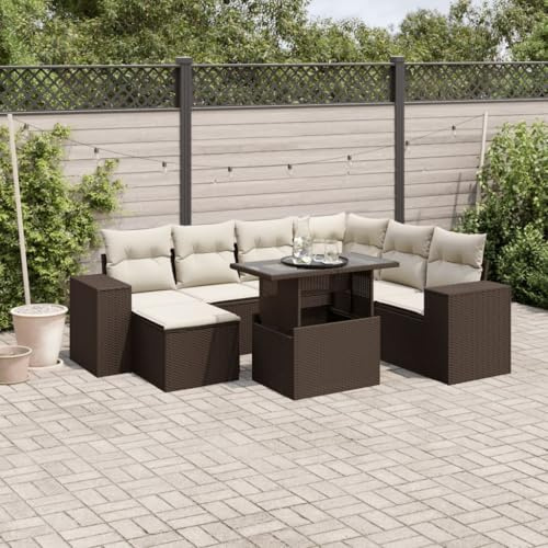 8-tlg. braun Gartensitzgarnitur mit Kissen, modulares Rattansofa PE verstellbare Tischplatte und abnehmbaren waschbaren Bezügen