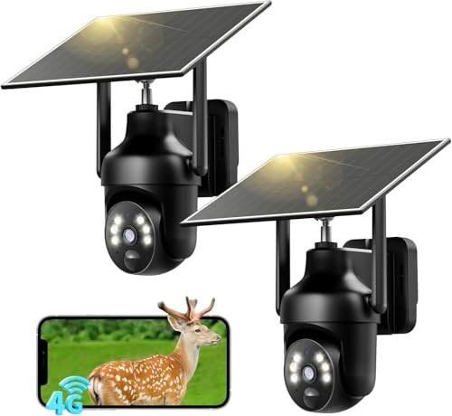 SEHMUA 4G LTE Cámara Vigilancia Exterior Solar con SIM, 【2 Unidad】 | 2K 360° Camara Solar 4G con Visión Nocturna en Color, PIR Detección de Movimiento, Audio Bidireccional, IP66