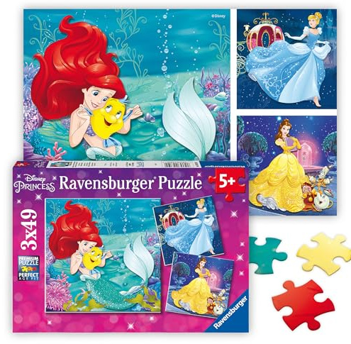 Ravensburger - Puzzle Bambini 5 Anni 3x49 Pezzi, Principesse Disney - Puzzle 5 Anni, Collezione Disney, Include 3 Puzzle 49 Pezzi, Giochi Educativi, Idee Regalo