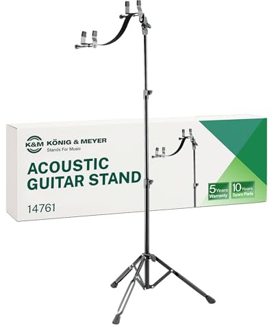 K&M 14761 Akustik-Gitarren-Spielständer Schwarz - Für Korpusstärken von 7,5 - 13,5 cm einfach einstellbar - aus Stahl | Verstellbare Höhe und Winkel – faltbares Design
