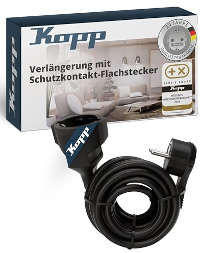 Kopp Verlängerungskabel 3m - Schwarz - Stromkabel-Verlängerung mit erhöhtem Berührungsschutz - IP20 Strom-Verlängerungskabel für innen - Schutzkontakt-Steckdosenverlängerung 250V~