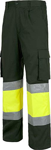 Teamwork WorkTeam Pantalón con 2 Cintas de Alta Visibilidad y Reflectante, Refuerzos y Multibolsillos. EN471. Unisex Verde Oscuro+Amarillo A.V. 44