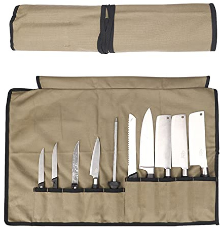 QEES Chef's Knife Roll 10 Compartments, Waterproof Canvas Knife Case, Multi-function Tool Roll Bag, Light Army Green