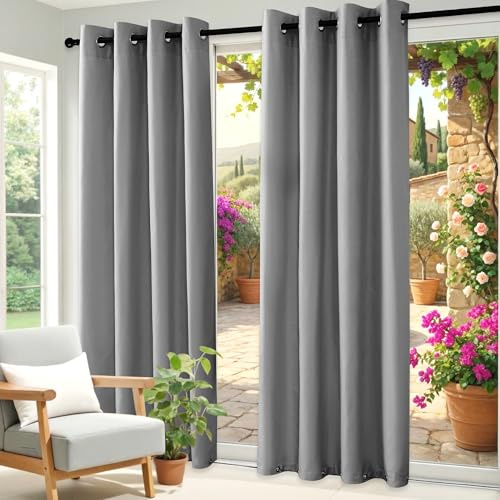 Clothink Outdoor Vorhänge Wasserfest Sonnenschutz Winddicht Rostfrei Schnelltrocknend mit Ösen für Terrasse Garten Balkon Familienhaushalte einfache Montage farbecht haltbar(132x245cm, 1 Stück, Grau)