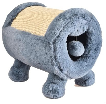 Dehner Premium Lovely Katzen Kratz- und Kuschelhöhle, Ø 30 cm, ca. 40 x 37 cm, Plüsch/Sisal, blau/beige