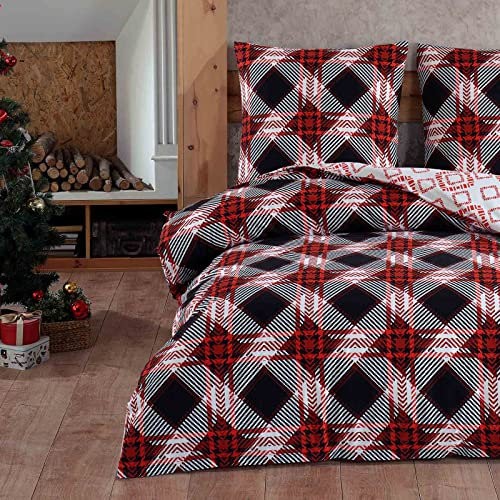 Style Heim Biber Bettwäsche 200x220 cm Flauschige Winterbettwäsche 3 Teilig 100% Baumwolle mit Reißverschluss Bettwäsche-Set Kissenbezüge 80x80cm, Wendebettwäsche Karomuster Gestreift
