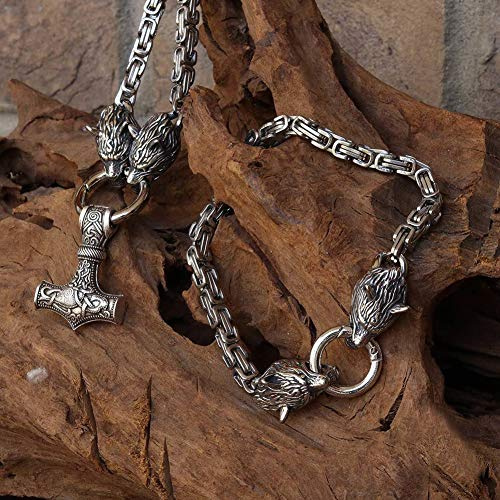 YCYR Viking Thors Hammer Schmuck Set, Nordische Mythologie Mjölnir Amulett Halskette Und Herren Vintage Handgefertigte Byzantinische Wolfskopf Armband