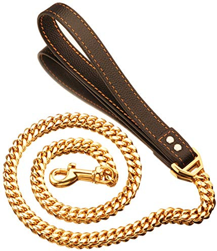 Hundeleine Seil Schwere Edelstahl O-Leine Outdoor-Training Kette Braun Schwarz PU Leder Griff Leine für Mittlere und Große Hunde (Color : Gold 14mm, Size : 100cm)