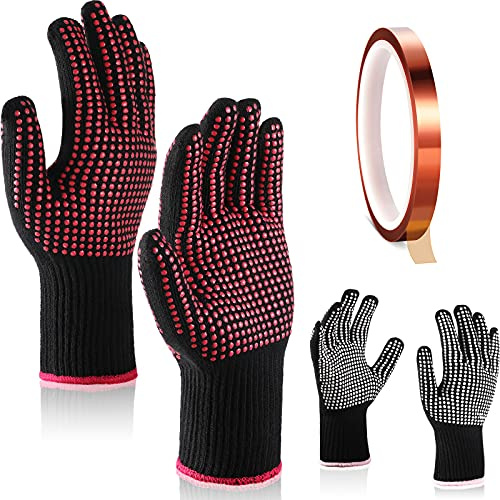 4 Pcs Heat Resistant Gloves and 1 Roll Sublimation Heat Tape, Thermal Transfer Gloves with Silicone Bumps High Temperature Sublimation Tape for Sublimations Thermal Transfer Press Hair Styling