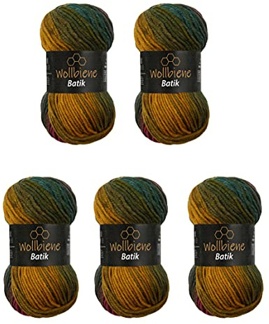 Wollbiene Batik001 Garn, 5800 Röd Grön Ockra, 100g x 5 stycken