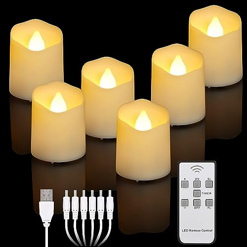 ZIYOUDOLI 6 Candele LED Ricaricabili con Timer Remoto,Fiamma Bianca Calda Tremolante, Dimmerabile,Candele Elettriche a LED con Cavo di Ricarica USB,per Natale, Halloween Decorazione di Feste in Casa.