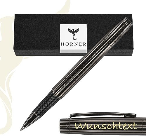 Hörner URBAN - Hochwertiger Tintenroller mit Gravur I Premium Geschenkbox I Schreibfarbe Schwarz 0,7 mm I Wechselbare Mine I Strichstärke M I Rollerball Pen Metall