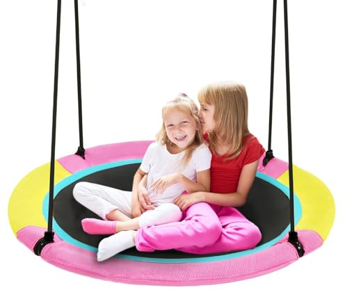 HOTJUMP 40 Inch Saucer Tree Swing for Kids Outdoor, Textilene Fabric Tear & UV Resistant Waterproof, Round Disc Circle Swing Set for Backyard Garden, Pink