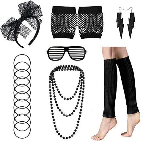 QiGui 80er Jahre Kostüm Mottoparty Outfit Damen Accessoires Set，Beinwärmer, Stirnband, Ohrring, Halskette, Netzhandschuhe, Brillen, Neon Party Karneval Fasching Damen Mädchen Schwarz