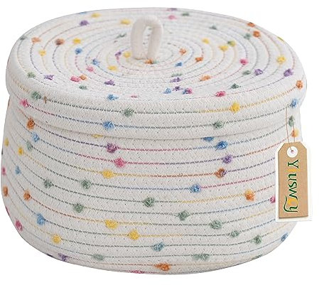 Yiuswoy Kleiner Aufbewahrungskorb aus Baumwollseil Geflochtener Aufbewahrungsbox mit Deckel Bunte Punkte Deko Korb für Kinderzimmer, Küche, Bad, Büro - Weiß