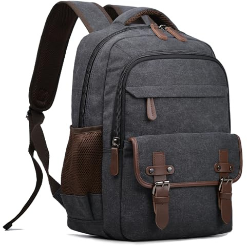 Canvas laptop ryggsäck, vintage dagväska för män kvinnor, resor arbete ryggsäck högskola bokväska datorväska passar 15,6 tums bärbar dator, Svart, 15.6, vintage
