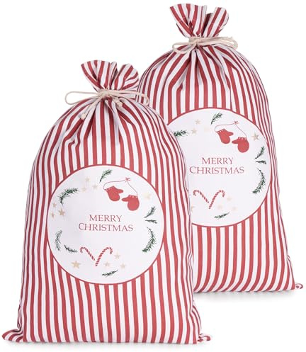 BRUBAKER 2 Weihnachtssäcke Merry Christmas Rot Weiß - 80 cm Geschenksack | Weihnachten - Nikolaussack Sack Baumwolle mit Kordel für Geschenke - Tanne, Sterne, Zuckerstange und Handschuhe