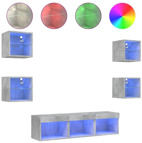 vidaXL Unités Murales TV avec LED 7 pcs, Armoires de Télévision Suspendues, Meubles Télé de Salon, Moderne, Gris Béton Bois d'Ingénierie
