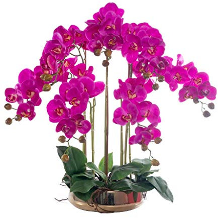 SUNMME Künstliches Blumenset, lila Orchideen-Kunstblumen mit Goldener Vase, PU-Phalaenopsis-Kunstblume in Vase im Topf