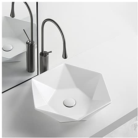 Lavabo da Appoggio Lavandino da Bagno Lavabo a Vaso Esagonale in Porcellana Bianca in Ceramica Lavabo a Vaso Piccolo Installazione Sopra il Bancone, con Scarico Pop-up e Rubinetto Lavandino da bagno