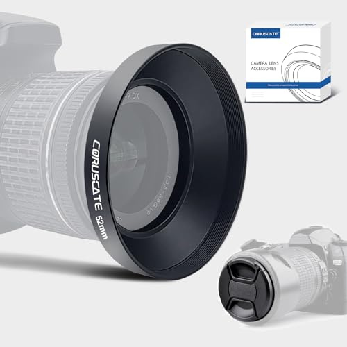 Paraluce universale in metallo da 52 mm, paraluce grandangolare compatibile con tutte le marche di fotocamere da 52 mm (e facile da installare e rimuovere), 1 copriobiettivo da 52 mm