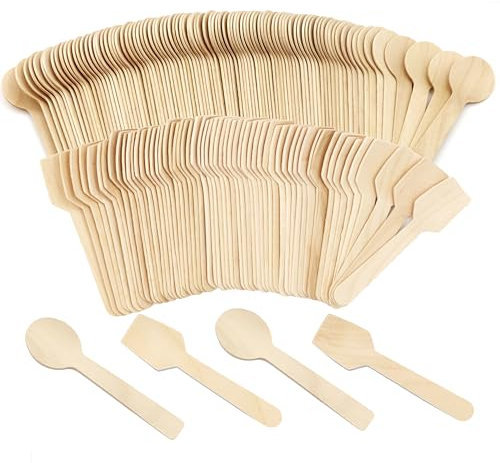 TANGTEA 200 Pack Mini Wooden Spoons, 4 Compostable Tasting Spoons for Honey, Variety Pack (100 Square + 100 Round) - Small Birchwood Spoons for Gelato, Ice Cream, Yogurt & Charcuterie Jars