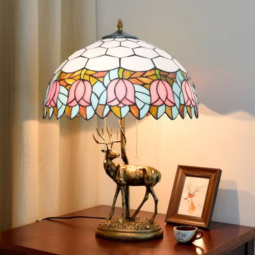 BOTOWI Home Tischlampe im Tiffany-Stil – Rot Rosa Tulpe Elch Design – Buntglasbeleuchtung mit 2 Lichtern – Vintage-Look handgefertigte Raumdekoration 16X16X23 Zoll Nachttischlampen,Rosa