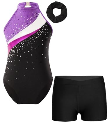 TTAO Gymnastikanzug Mädchen Turnanzug Ärmellos Gymnastikbody mit Haarband und Shorts Gymnastik Training Dancewear Lila & Schwarz A 146-152