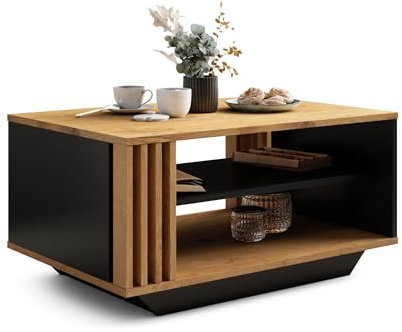 Viosimc Couchtisch, Wohnzimmertisch mit modernen Lamellen, moderner und stilvoller rechteckiger Kaffeetisch mit Ablage, stilvolle Ergänzung für jedes Wohnzimmer – Lancelot Eiche & Schwarz