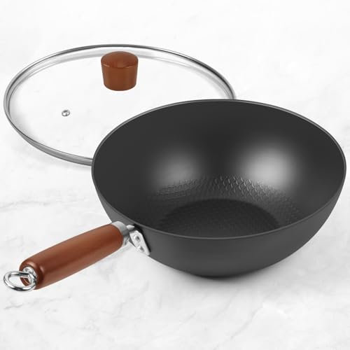 BrBrGo Sartén wok de acero al carbono, juego de sartenes chinas auténticas de 9.5 pulgadas con tapa de vidrio, wok pequeño ligero de fondo plano de 1.5 libras para 1-2 porciones