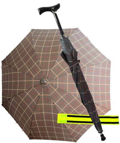 Olanmarp Klettarmband mit Streifen + Gastrock Höhenverstellbarer Automatik-Stützschirm, stabil, kariert, FRITZ-Griff mit Soft-Beschichtung, Chromring - bis 100 kg belastbar