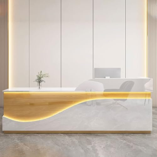 GUQASDV Reception Table, Reception Desk Salon, Empfangstresen für Praxis, Rezeptionstheke Holzwerkstoff Verdicktem für Kleine Unternehmen, Schönheitssalons(White+Natural,1.4m)
