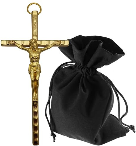 Lunexus Wandkreuz Metall 11 cm Gold - Katholisches Metallkreuz gesegnet - Kruzifix INRI Gravur, Türrahmen, Andachtsraum, Wohnzimmer - Christliches Wandkreuz mit Samtsäckchen & spiritueller Bedeutung