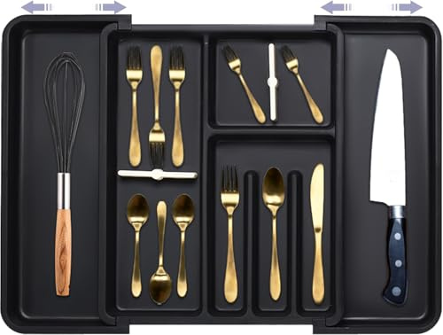 ZHUIYIWIN Cutlery Drawer Organiser, Expandable Kitchen Drawer Organiser, Expandable Utensil Tray with 2 Removable Knife Blocks, Utensil Organiser for Multipurpose Kitchen Storage (BlackX-L)