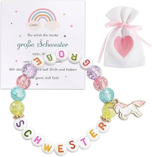 Urtioty Kinderarmband Geschenk Große Schwester, Bunt Armbänder, Armband mit Kärtchen und Stoffbeutel, Elastisches Perlenarmband für Kinder 8-14 Jahre