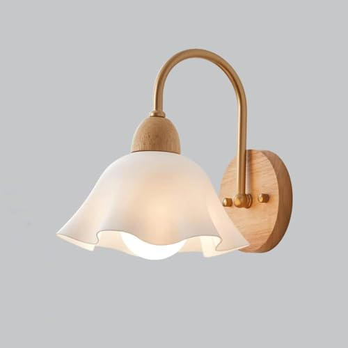 Applique da parete vintage in vetro di latte per camera da letto dei bambini, paralume a forma di fiore, lampada da parete in legno rustico, lampada da parete moderna nordica a collo di cigno per como