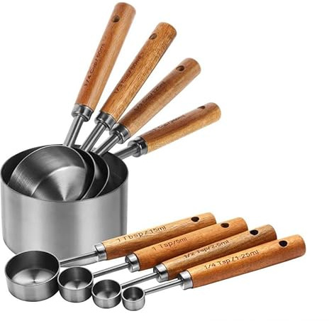SOMEDA® Messlöffel & Messbecher Set 8-teilig – Edelstahl & Holzgriff – Messlöffel für Küche, Backen & Kochen – Hochwertiges Löffelmaß Set