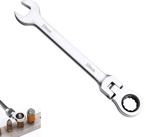 10mm Ratchet Spanner, Flexible Head Spanner 180°, Ratchet Combination Wrench Chrome Vanadium Steel, 72 Tooth Ratchet Mechanism, Bi-Hex Design for Hexagonal & 12 Point Fasteners for Tight Spaces