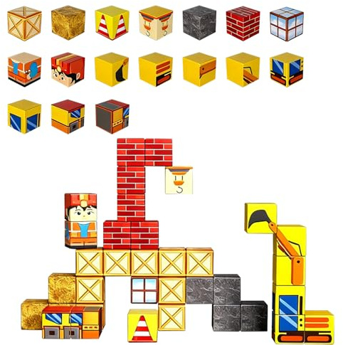 Vlecexs Blocs Construction Magnétiques Blocks Box 35 Pcs STEM Jouet Magnétique Montessori Excavator Set Jouets Enfants 3 4 5 6 7 8 9 10 Ans Boîte Portable en Fer Jouets Magnétiques Voyage