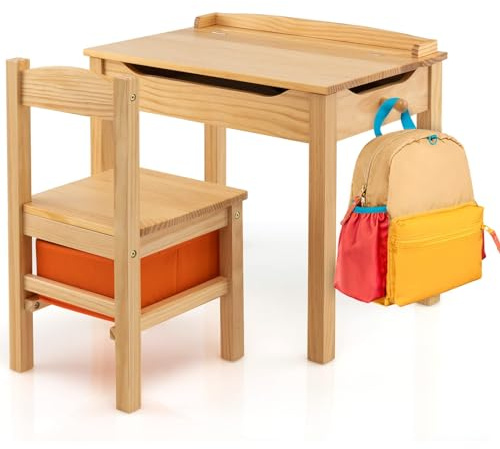 FANTASK Bureau pour Enfant avec Chaise en Bois Massif, Ensemble de sièges rabattables avec Plateau de Table Pliable, tiroir et Crochets, Table d'activité pour Enfants à partir de 3 Ans (Naturel)