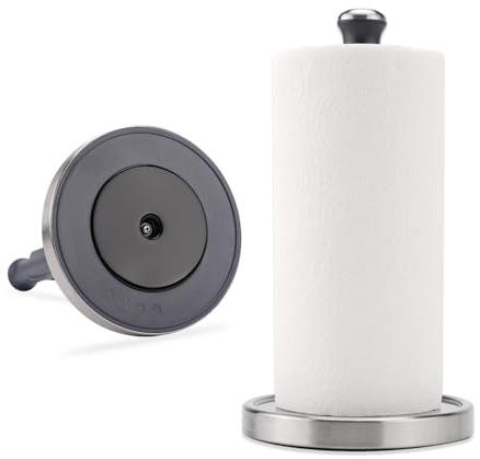 KITCHENDAO Paper Towel Holder Countertop, Smooth Rotation One-handed Tear, Standing Paper Holder with Weighted Base Non-slip PU Glue, Stainless Steel Paper Roll Holder for Kitchen