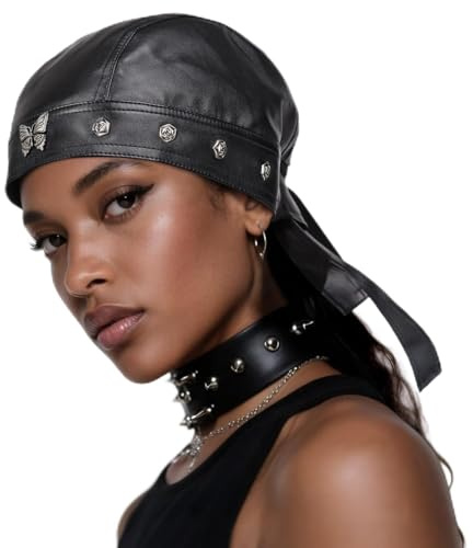 Leather Biker Skull Cap for Women Adjustable Motorcycle Cycling Black Bandana Head Wrap Doo Rag