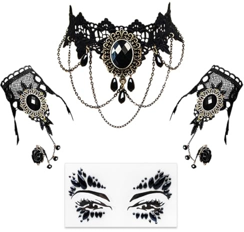 4 PCS Halloween Gothic Schmuck, Halskette Armbänder mit Gesicht Diamant Aufkleber, Vampire Kostüm Damen Zubehör, Gotisch Halloween Kostüm Damen Accessoires