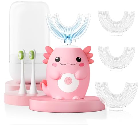 ELOTAME Kids Electric U Shaped Toothbrush - Axolotl Kids Cartoon Sonic Automatic Toothbrush with 6 Brush Heads Full Mouth 6 Cleaning Modes - Age2-15 Pink