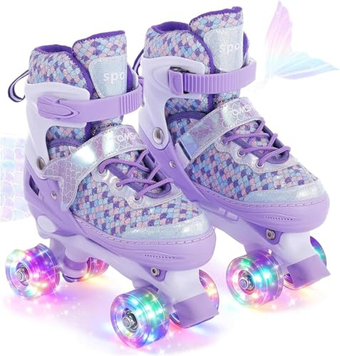 TOMSHOO Pattini a rotelle per ragazze, pattini in linea per bambini, ragazze, con luci a LED luminose, pattini in linea per bambini, misura regolabile, per principianti, bambini, regalo
