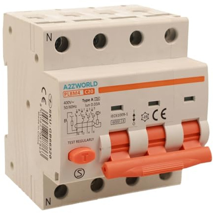 Interrupteur différentiel magnétothermique triphasé type A, 20 A C20, RCBO 3P+N 6 kA 30 mA courbe C 380 V, 4 modules DIN, série PL8M4 professionnelle électromagnétique