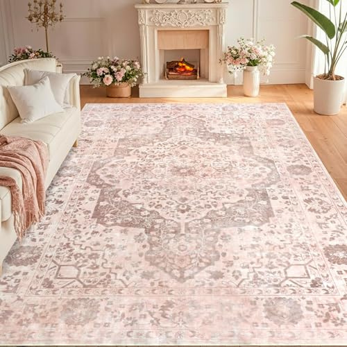 TUKDAK Vintage Area Rug for Living Room 200x290cm, Pink Boho Machine Washable Rugs for Bedroom, Soft Short Pile Non Slip Classic Carpet for Dining Room Office Kitchen Nursery