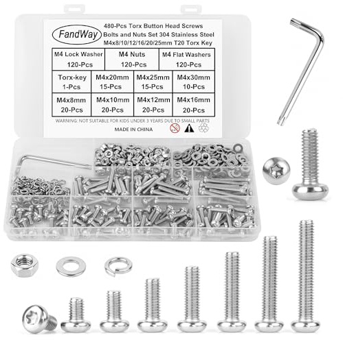 480 Pièces Torx Vis à Métaux et écrous,M4 Vis à Tête Ronde Torx,Boulon et écrous Rondelles,Boulons Tete Bombée Entièrement Filetées en Acier Inox 304 Avec Clé T20